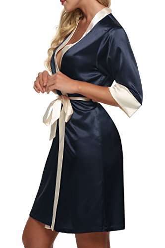 Ekouaer Morgenmantel Damen Satin sexy Kimono kurz edel saunamantel - 3