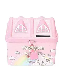 Ds PARADISE House Shape Unicorn Printed Metal Coin Bank Piggy Bank for Kids with Lock and Key Coin Bank