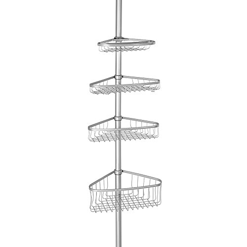 InterDesign York Teleskop Duschregal | mit Handtuchhalter und Haken | hochwertige Duschablage ohne Bohren | vierfacher Duschkorb für mehr Stauraum | Metall silber lackiert