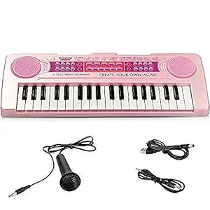 AtoZworldproducts 37 Keys Multifunction Recharging Portable Electronic Kids Piano Musical Teaching Keyboard for Kids Children Early Learning Educational Toy with Double Speakers (Pink)