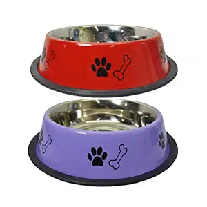 Fouresta Dog Bowl Combo 710 ml Pack of 2 Food Water Feeding Pet Bowl Non-Skid Stainless Steel Round Dog Bowl with Paw Bone Printed Bowl for Dog (Purple and Red)