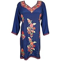 Mogul Interior Womans Aasha Tunic Kurta Dress Silk Fine Hand Embroidered Dresses Side Slit