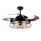 Etelux Industriel Ventilateur de Plafond Lumière Rétro Suspension Luminaire avec 4 Lames Ancien Plafond Luminaire avec Télécommande