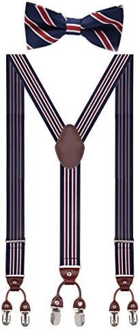 Men Braces 35mm Standard Adjustable and Elastic Suspenders Y Shape with 6 Strong Clips Wine Stripe Bowtie
