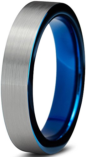 Tungsten Wedding Band Ring 4mm for Men Women Comfort Fit Blue Pipe Cut Brushed Lifetime Guarantee