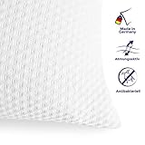 Das Nackenkissen besteht aus einem druckentlastenden Visco-Kern (Memory Foam), der die Halswirbelssäule sanft stützt und für alle Schlafpositionen geeignet ist. Es ist daher als Bauch-, Rücken- oder Seitenschläferkissen verwendbar. Durch feine Lüftungskanäle wird eine beständige Luftzirkulation gewährleistet.