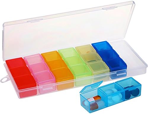 LTCT 7-Day Weekly Travel Pill Box Case 7 Days Pills Holder Organizer Weekly Medication Tablet Box Daily Morning Noon Night Container Compartments Colorful Detachable Dispenser 21 Compartments