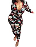 Frecoccialo Sexy Combinaison Pyjama de Nuit Femme Imprimé Motif Noël Grenouillère Femme à Manches Longues avec Fermeture Zip(Noir M/36-38)
