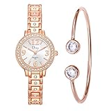 PLOT Damen Uhr Analog Quarz mit Edelstahl und Rosa/Gold Weiße Legierung Armband Set