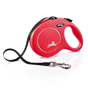 Flexi New Classic Automatic Dog Leash Pause and Lock, Retractable Comfortable One Hand Brake System Durable Non-Slip Handle Dog Walking and Training Leash Nylon Tape, Red 5m/16 ft Large | Leash for Large Size Dogs, Max Capacity - 50 KG
