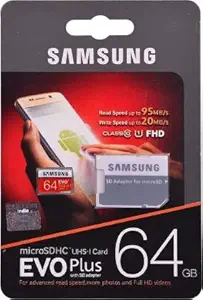 Samsung EVO Plus with SD Adapter 64 GB MicroSDHC Class 10 95 MB/s Memory Card (with Adapter)