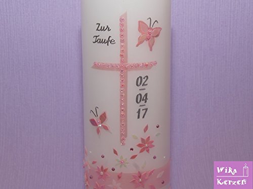 Taufkerze Kommunionkerze 25x8 cm für Mädchen Rosa Blümchen mit schmetterling und Kreuz - 2