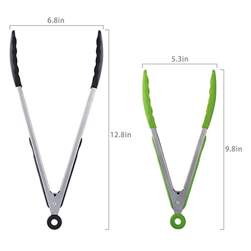 Belmalia 2x Grillzange Set 23cm + 30cm, Küchenzange, Servierzange, Silikon, Kochen, Wenden, Fleisch, Steak, Salat, Nudeln, Wok Grün + Schwarz - 3