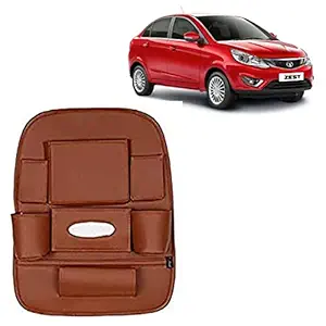 RD Universal PU Leather Car Auto Seat Back Organizer Multi Pocket Travel Storage Bag with Hangers, Tissue Paper and Bottle Holder-Tan Colour Compatible for Tata Zest