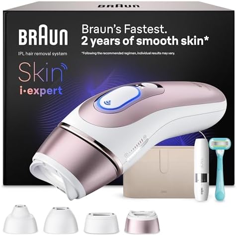 Braun Skin I·Expert Epilatore Luce Pulsata Smart, Epilazione Laser Peli Donna a Casa, Riduzione Permanente dei Peli, App Gratuita, Vanity Case, Mini Depilatore Viso, Rasoio Gillette Venus, 4 Testine