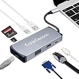 cabledeconn USB C HDMI 4 K VGA Adapter Thunderbolt 3 Type-C Multiport Dock Hub with Gigabit Ethernet RJ45,2 x USB 3.0, SD/TF Card Reader pD Charge Compatible with MacBook Pro 2017 (Gray)