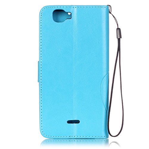 Wiko Rainbow Hülle,Wiko Rainbow 4G Ledertasche Brieftasche im BookStyle,SainCat PU Leder Wallet Case Folio Reliefprägung Schutzhülle Schmetterling Muster Hülle Braun Bumper Handytasche Skin Schale Soft Backcover Handy Tasche Flip Cover Buchstil Klapptasche in Lederoptik mit Standfunktion Karteneinschub und Magnetverschluß Etui Flip Case für Wiko Rainbow 4G (Blau) - 2