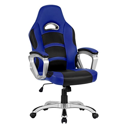 LANGRIA Fauteuil de Bureau Racing pour Gaming, Faux Cuir, Mécanisme d’Inclination (90-105 Degrés), Dossier Haut, Accoudoir, Repose-tête, Pivotant 360 Degrés, 120 kg de Capacité (Bleu et Noir)