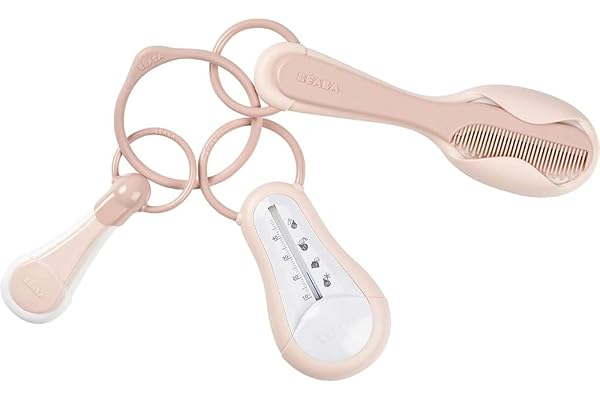 BÉABA Set Accessoires Toilette Bébé/Enfant pour Thermomètre de Bain + Coupe Ongle + Peigne Brosse Old Pink
