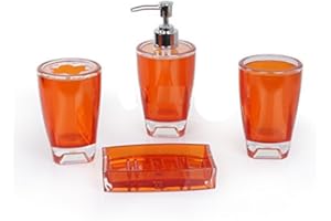 Fingey Modern Design 4 Piece Bathroom Accessory Set, Soap Dish, Tooth Brush Holder, Soap Dispenser, Rinse Cup (Orange)