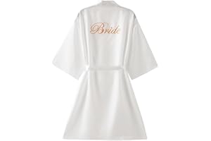 Ieron Elegant V-Neck Bride Satin Dressing Gown for Bridal Wedding Party, Silk Bridal Pyjamas, White, L