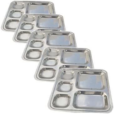 Zmatoo Set Of 5 Stainless Steel 5 Compartment Plate Tray Canteen Cafeteria Thali Indian Home Collection Plate Thali Cafeteria Round Plate Divided Plate