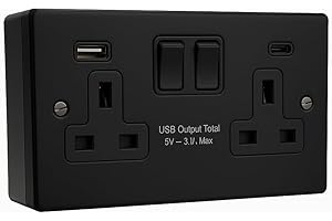 SHPELEC SH|P® 2 Gang 13A Switched Socket with USB A & C FastCharge (15W Total) – Matte Black Finish with 35mm Surface Pattress Box Included