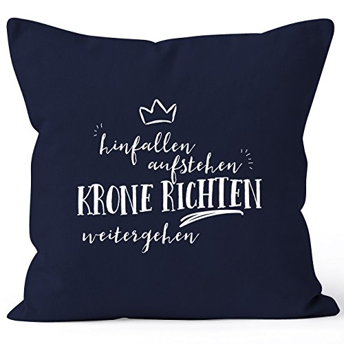 Kissenbezug mit Spruch, hinfallen aufstehen Krone richten weitergehen, Kissen-Hülle aus Baumwolle 40x40, Baumwolle Moonworks® navy unisize