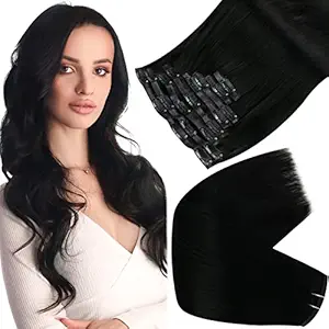 Full Shine 8 Pieces 16 inch 120g Color #1 Jet Black Clip in Hair Seamless Brazilian Remy Silky Straight Clip in Hair Extensions Skin Weft With Clip on Thick Human Hair Extensions