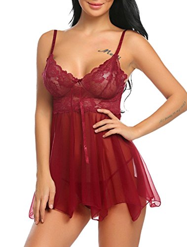 ADOME Spitze Negligee Sexy V-Ausschnitt Babydoll Lingerie Nachtwäsche Kleid Dessous Set für Damen mit Unregelmäßiger Saum und string Rot EU L