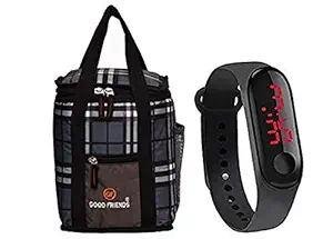 Good Friends Branded New Polyester Lunch Bags School Tiffin Bags & Watch (Black)