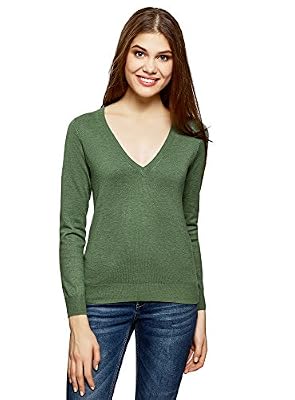 oodji Collection Femme Pull Basique en Viscose Col en V, Vert, FR 44 / XL