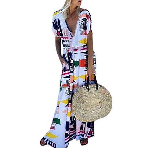 WUDUBE Robe imprimée Col en V et à Manches Courtes Robe mi-Longue Ample 2019 Robe de Soiree Irrégulière Grande Taille Vintage Robe de Plage