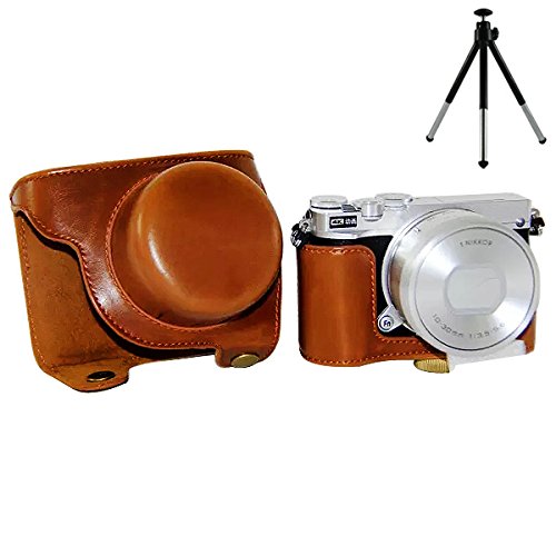 First2savvv XJPT-J5-09 brun PU cuir   tui housse appareil photo num  rique pour Nikon 1 J5 avec Lens 10-30 mm   tr  pied