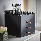 Beautify Large Black Acrylic Cosmetic Makeup Organiser Stand with 3 Drawers, 21 Brush/Lip Gloss Holders & 6 Individual Top Sections