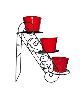 GIG Handicrafts 3-Tier Iron Decorative Potted Plants Shelf Plant Stand with 3 Metal Pots for Balcony (62 cm x 26 cm x 63 cm, Red and Black)