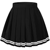 Girl`s plaid check Flat Pleated Skirts School Sailor suit white stripes (L,Black )