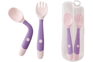 Tomedeks 2pcs Infant Feeding Training Spoon and Fork Cutlery,Baby Utensils Spoon and Fork Set,Children Easy to Hold, Heat-Resistant and Flexible Learning Spoon and Fork (Purple)
