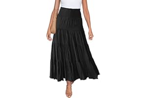 IWEMEK Women Summer Boho Maxi Skirt Ruched Elastic High Waist Casual Ruffle Flowy Swing Tiered Pleated A-Line Holiday Casual Gypsy Vintage Long Skirts Full Length