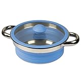 Bocamp Holland Silikontopf mit Glasdeckel Faltbarer Silikontopf mit Edelstahlboden und Glasdeckel. Hitzebeständig und geruchsfrei. Dank des hochwertigen Silikons kompakt zusammenzulegen. Hitzebeständiger Silikontopf Sehr flach faltbar auf 4 cm Mit rostfreiem Edelstahlboden Handgriffe aus Edelstahl 2 Liter Fassungsvermögen Bruchsicher und spülmaschinenfest Geeignet für Gasbrenner und Gaskocher Material: Silikon / Edelstahl / Glas Maße: Ø 22 x 13 cm Gewicht: ca. 795 g Farbe: blau / silber