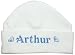 Little Hearts Baby Hat 100% Super Soft Double Layered Cotton Personalised & Embroidered with the name of your choice. (0-3 Months, White & Blue Hearts)