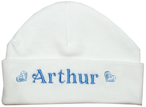 Little Hearts Baby Hat 100% Super Soft Double Layered Cotton Personalised & Embroidered with the name of your choice. (0-3 Months, White & Blue Hearts)