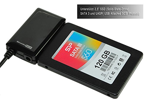RHOMBUTECH® – AKTIV USB 3.0 zu SATA Adapter – Konverter für 2.5/3.5/5,25 Zoll SATA HDD/SSD/DVD-Laufwerke – USB 3.0 – SATA 3 – mit 12V 2A Netzteil für 3,5/5,25 Zoll HDD/DVD Laufwerke - 3
