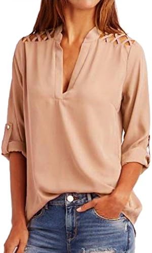FALAIDUO Womens Casual Solid V-Neck Cuffed Sleeve Chiffon Blouse (2XL/ UK 16, Pink)