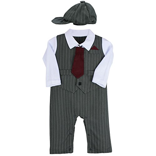 iiniim Baby Newborn Boys Gentleman Striped Romper+Hat+Necktie Outfits Formal Costumes Gray 3-6 Months