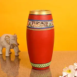 Aakriti Art Creations Hand-Painted Madhubani Terracotta Red Table Pot Vase for Home Decorative Item