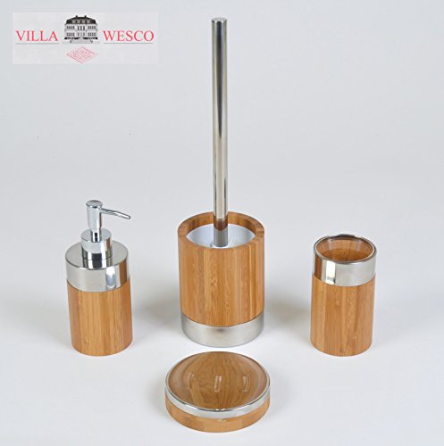 Villa Wesco Bambus Edelstahl Bad Set Seifenspender Klobürste Becher Badgarnitur