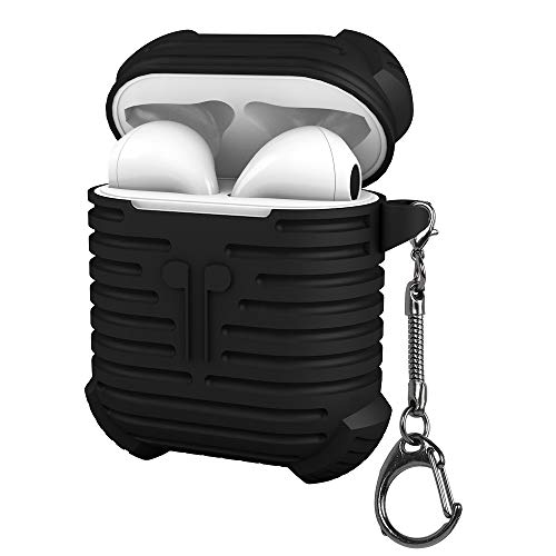 Airpods Funda Silicona, Bidear Protector Carcasa de Silicona Case Protección contra Caídas Cover con Llavero + Strap per Airpods(Negra)