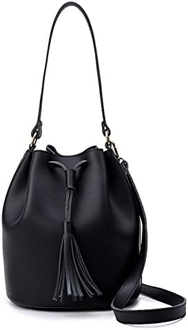 Yiliay Ladies New Solid Color PU Leather Shoulder Bag Bucket Corssbody Bag-Black