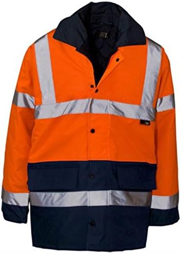Hi Viz 3/4 Length Parka Reflective Tape Waterproof Quilted Railway Work Jacket Coat High Vis Safety Workwear Security Road Works Concealed Hood Fluorescent Flashing EN471